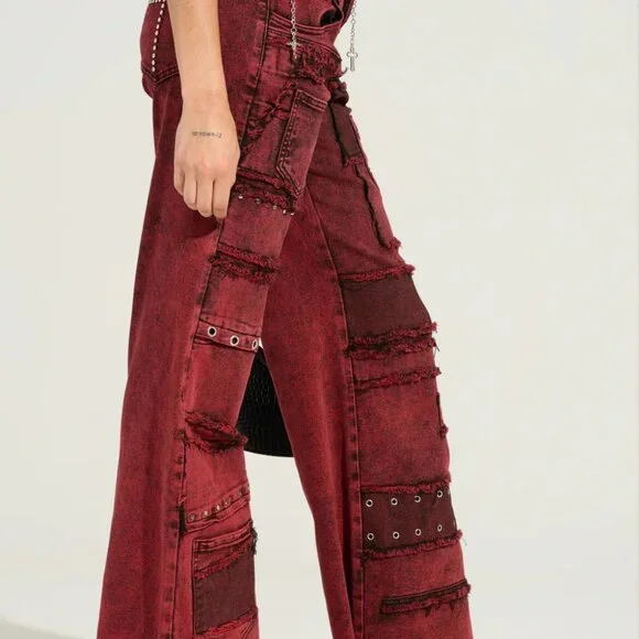Y2K Red Distressed Wide Leg Cargo Denim Pants Grunge Size L - Picture 2 of 6